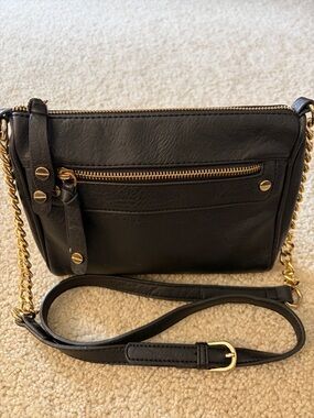 BP (Brass Plum)Black Faux Leather Crossbody Bag with Gold Chain Accent/Rehab Bag